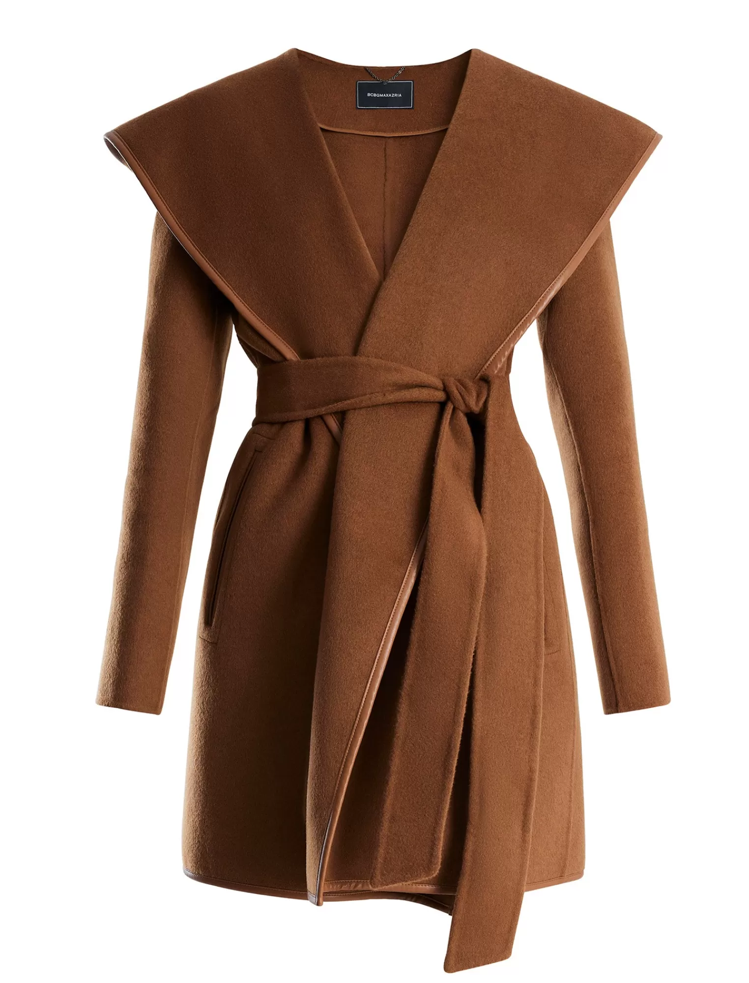 Shop BCBGMAXAZRIA Abrigo Cruzado De Lana Morado Con Capucha Y Cinturon Caramelo