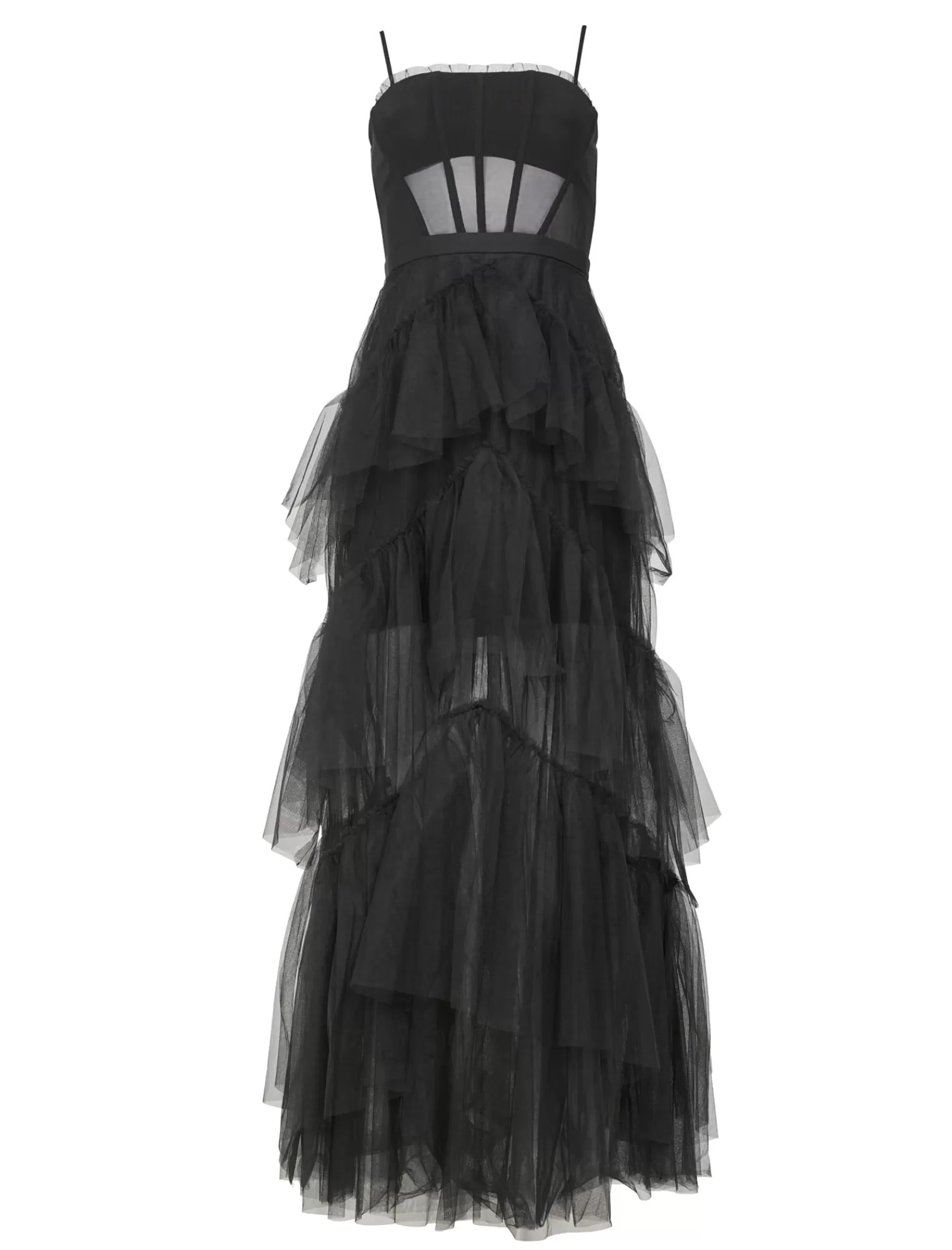 Sale BCBGMAXAZRIA Vestido De Noche De Tul Escalonado Con Volantes De Oly Negro