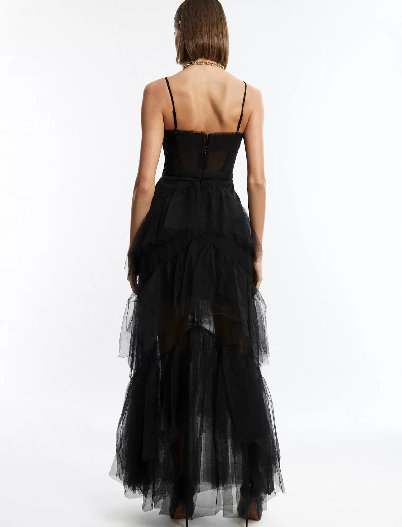 Sale BCBGMAXAZRIA Vestido De Noche De Tul Escalonado Con Volantes De Oly Negro