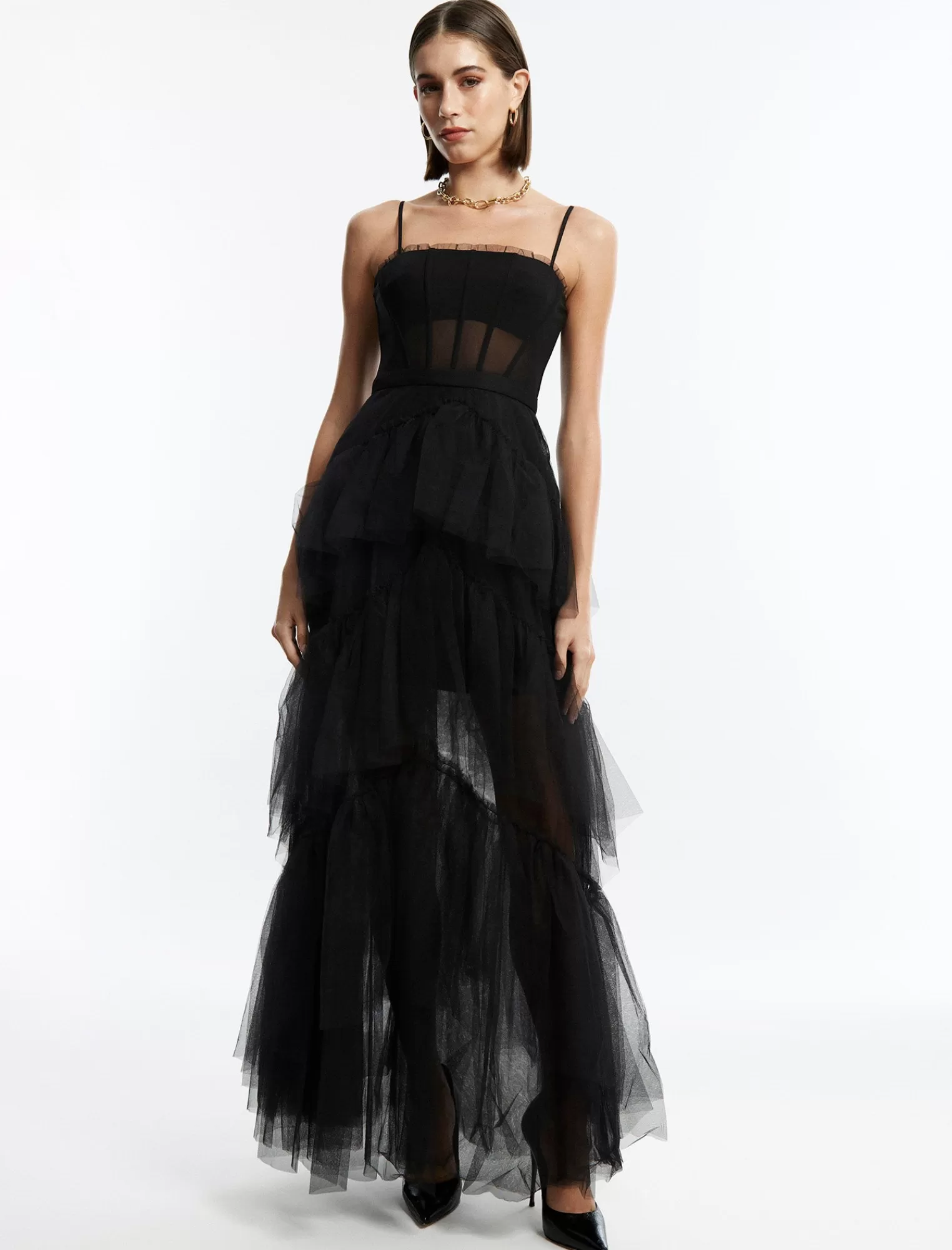 Sale BCBGMAXAZRIA Vestido De Noche De Tul Escalonado Con Volantes De Oly Negro