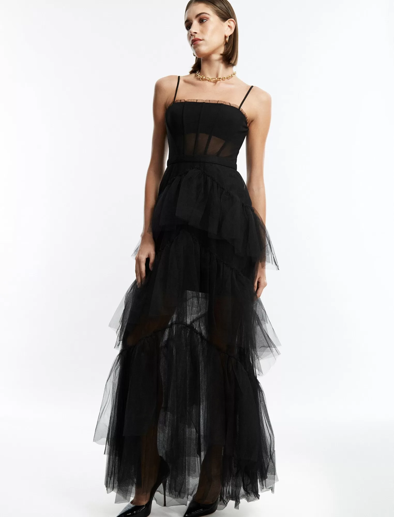 Sale BCBGMAXAZRIA Vestido De Noche De Tul Escalonado Con Volantes De Oly Negro