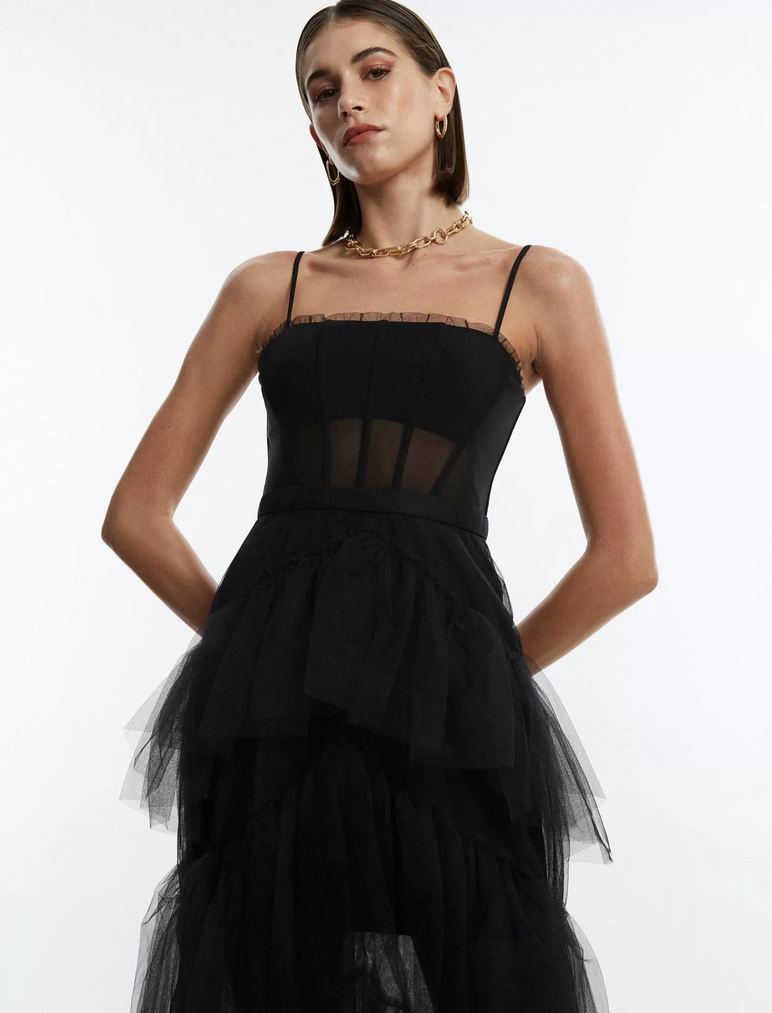 Sale BCBGMAXAZRIA Vestido De Noche De Tul Escalonado Con Volantes De Oly Negro