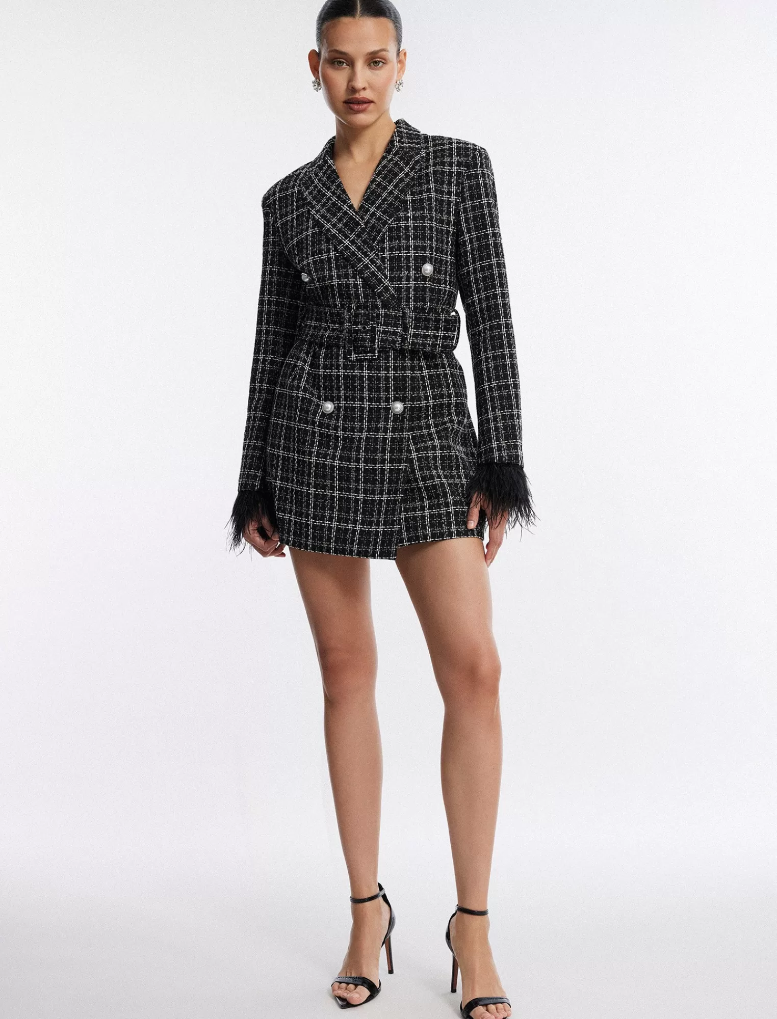 Store BCBGMAXAZRIA Vestido Tipo Blazer De Tweed Con Cinturon Elodie Combinacion Negra