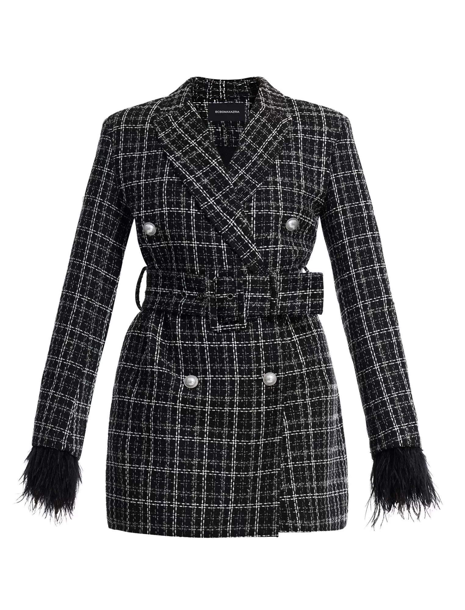 Store BCBGMAXAZRIA Vestido Tipo Blazer De Tweed Con Cinturon Elodie Combinacion Negra