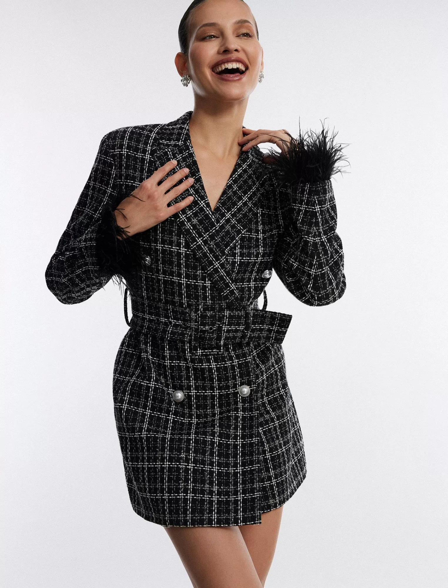 Store BCBGMAXAZRIA Vestido Tipo Blazer De Tweed Con Cinturon Elodie Combinacion Negra